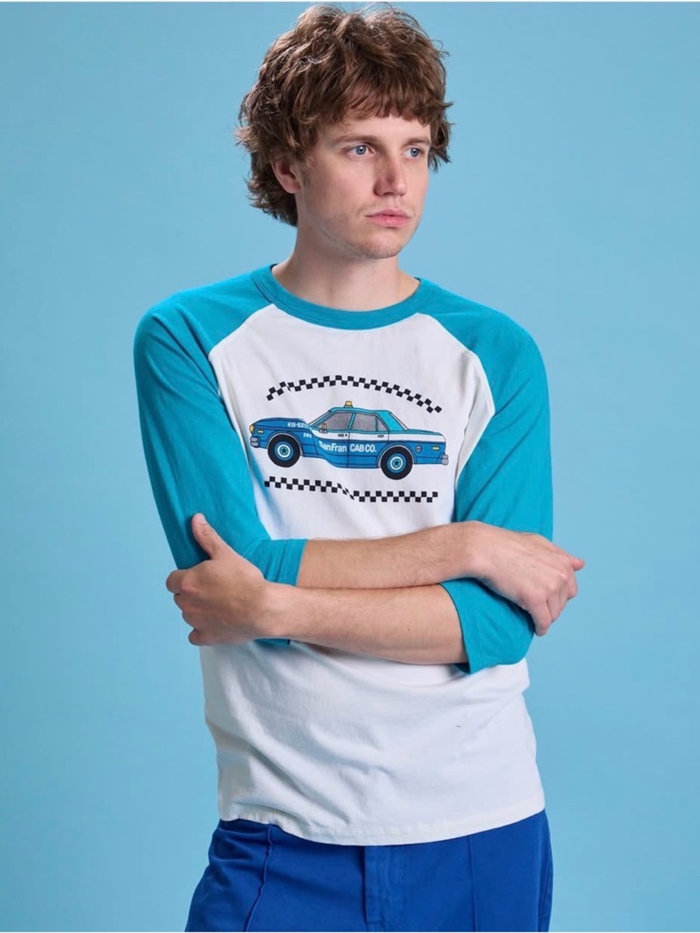 Big Bud Press Raglan Tee Blue & White San Francisco Taxi Graphic Shirt Unisex XL